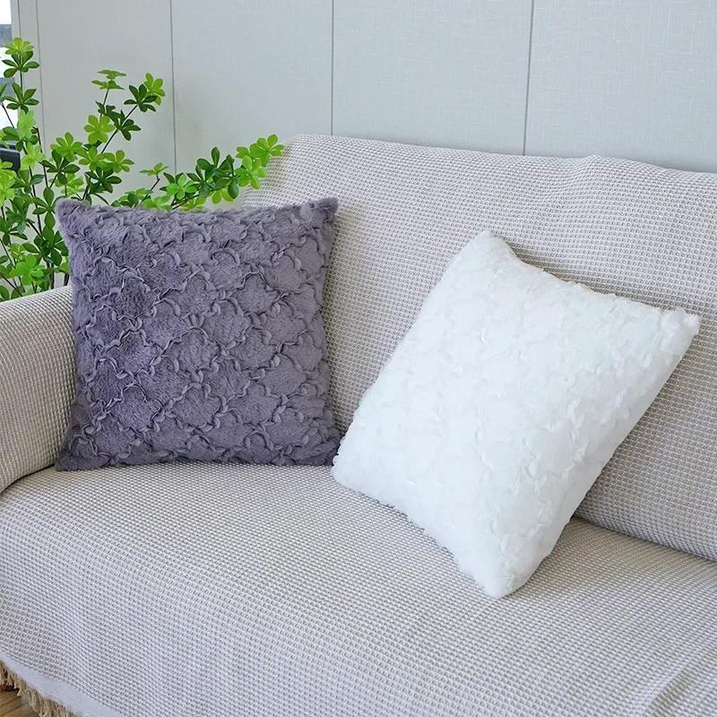 Plush Plaid Flower Pillowcase Solid Color Pillow Case Winter Throw Cushion Cover for Sofa and Bedside Cojines Decorativos