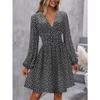 Women's Fashion Spring Fall Solid Color Print Long Sleeve V-Neck High Waist Casual Dresses