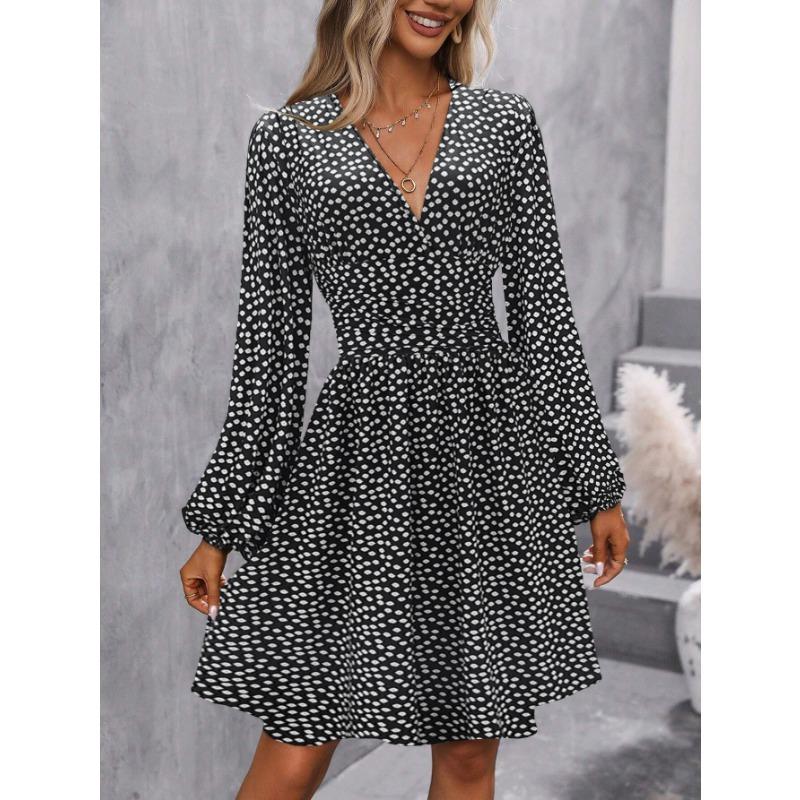 Women's Fashion Spring Fall Solid Color Print Long Sleeve V-Neck High Waist Casual Dresses