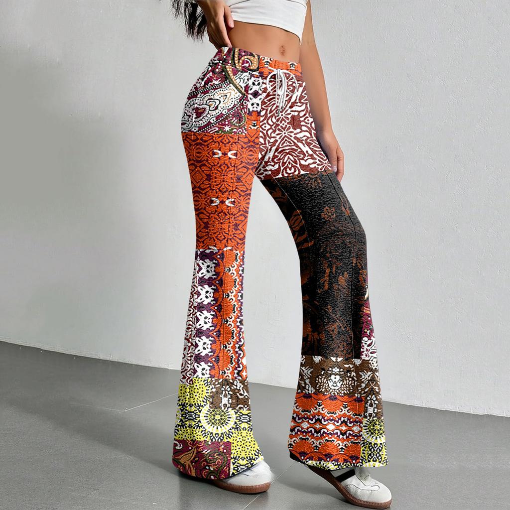 Women's Fashion Loose Drawstring Waist Retro Printed Casual Sports Pants Casual Flared Pants