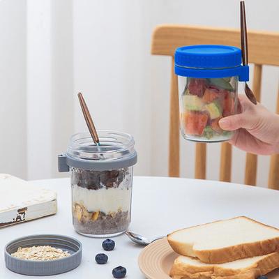 Kubek na płatki owsiane o pojemności 350 ml z łyżeczką i pokrywką Szczelny szklany pojemnik śniadaniowy na sałatkę owsianą Jogurt Ekologiczny kubek wielokrotnego użytku