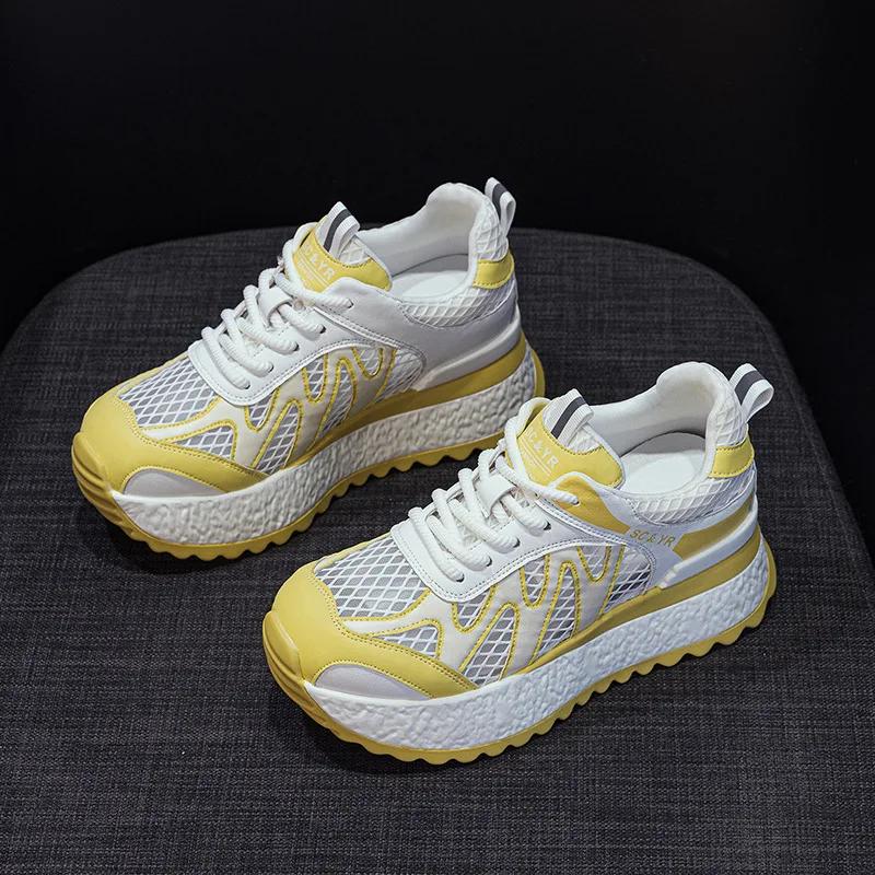 Fashion 7CM Women Summer Spring Air Mesh Shoes Mules Shoes Hollow Chunky Sneaker Slides Sandals Platform Wedge Microfiber Platform Wedge