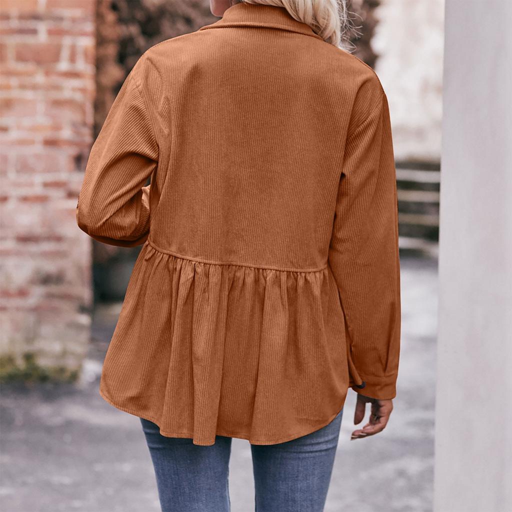 Women's Casual Long Sleeve Stand Collar Corduroy Solid Color Top Shirt