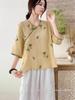 2026 Summer V-Neck Chinese Style Embroidered Ramie Shirt – Artistic Retro Women's Slanted Lapel Short Sleeve Top