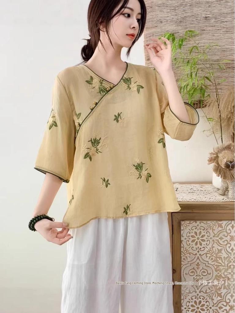 2026 Summer V-Neck Chinese Style Embroidered Ramie Shirt – Artistic Retro Women's Slanted Lapel Short Sleeve Top