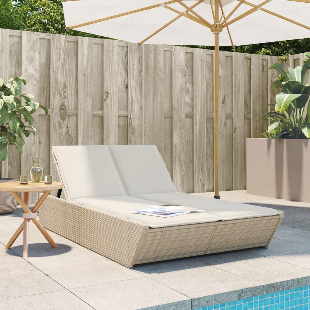Double Sun Lounger with Cushions Beige Poly Rattan