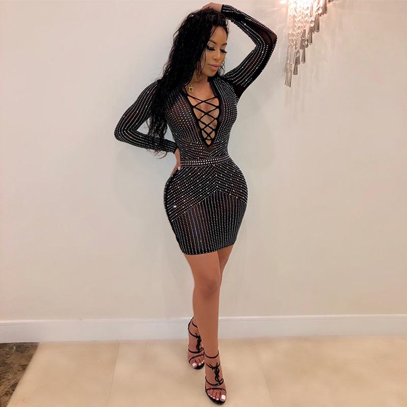 New 2020 European American Women's Sexy Mesh Strappy Dress with Hot Drilling for Nightclubs