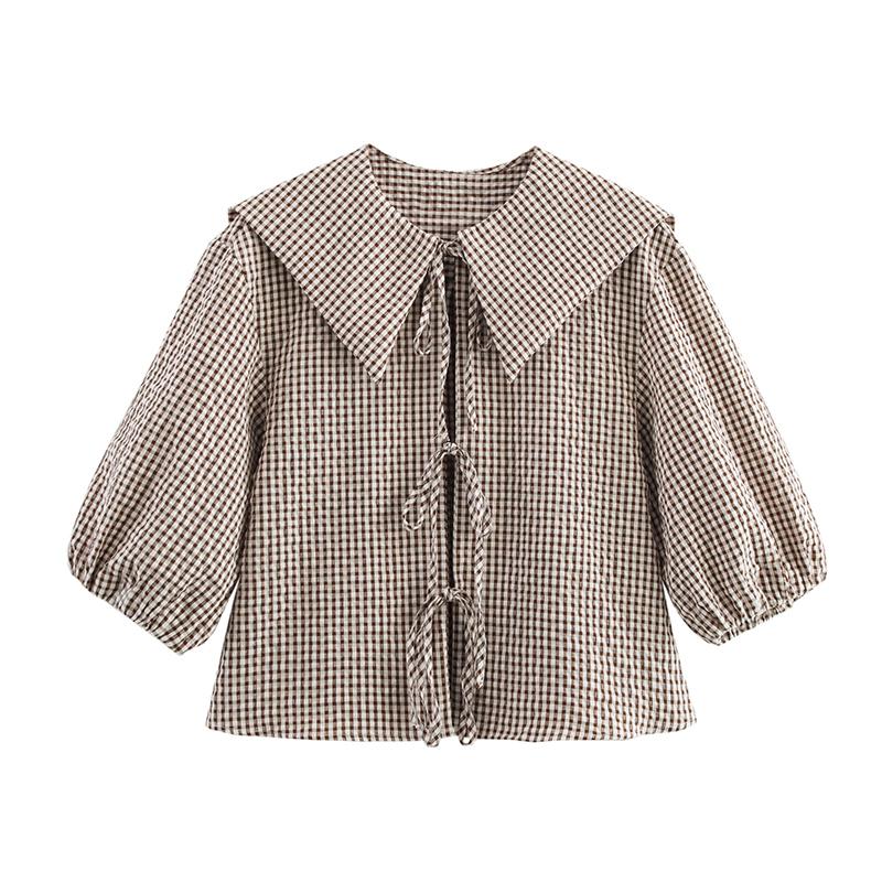 

Рубашка с пышными рукавами в клетку с кукольным воротником, женская сладкая рубашка, завязывающийся кардиган, новая мода 2025 года, весна-лето XS