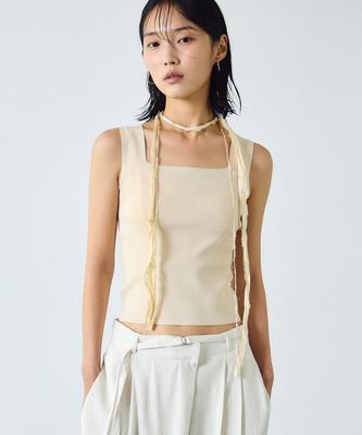 Nigaennikol Crop Square Neck Knit Sleeveless_Beige