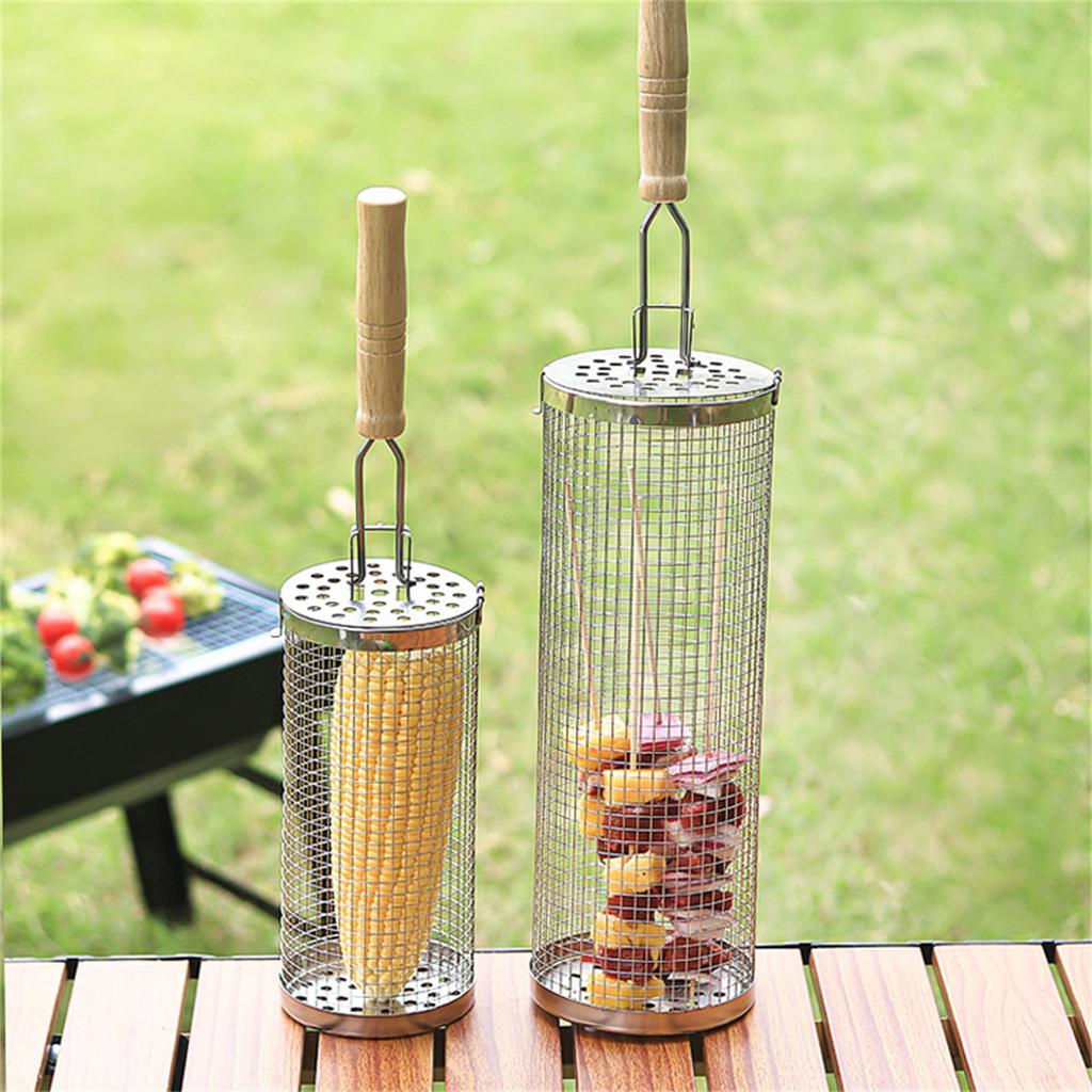 Outdoor stainless steel barbecue cage camping grill smoke cage round barbecue cage portable BBQ drum barbecue basket frying cage