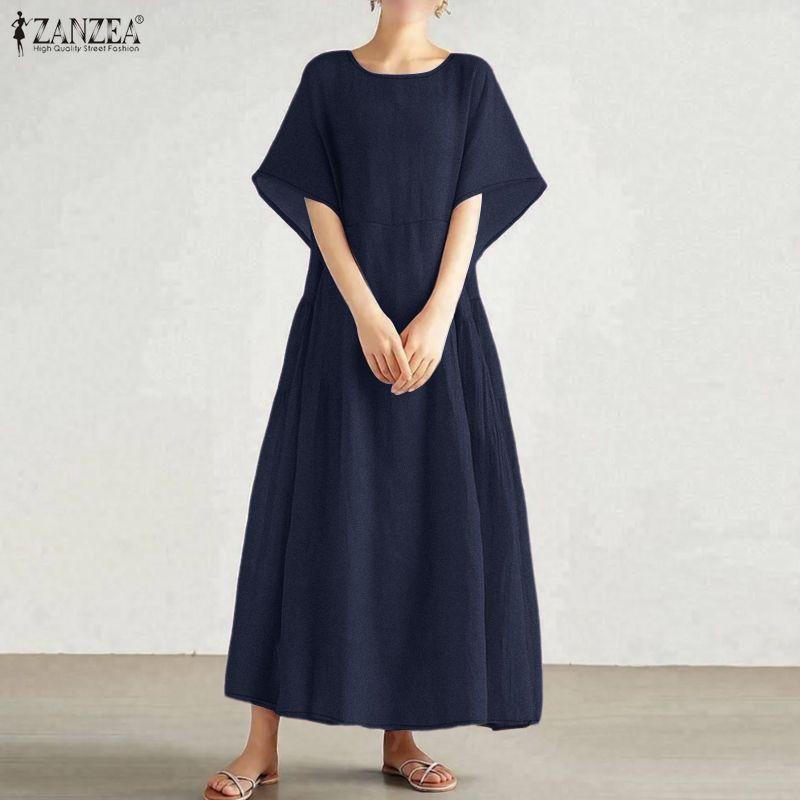 ZANZEA Women Casual Round Neck Loose Summer Short Sleeve Dress