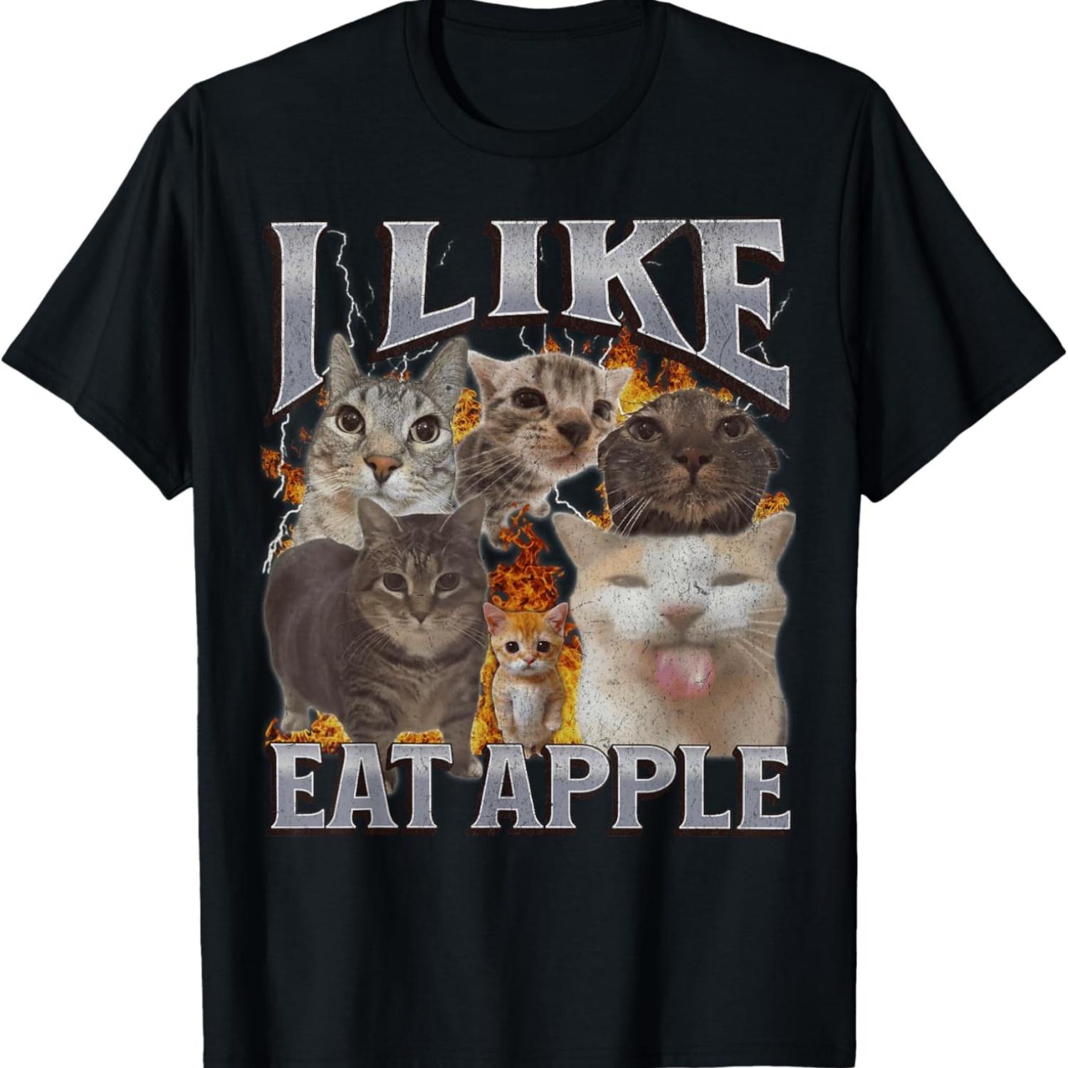 I Like Eat Apple Funny Cat Meme Bootleg Graphic Men Women T-Shirt S