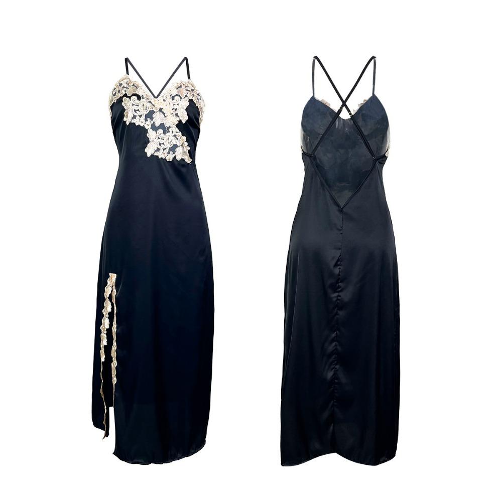 Simulationsseiden-Pyjama Spitze Sexy V-Ausschnitt Langer Schlitz Träger-Pyjama Pyjama Loungewear