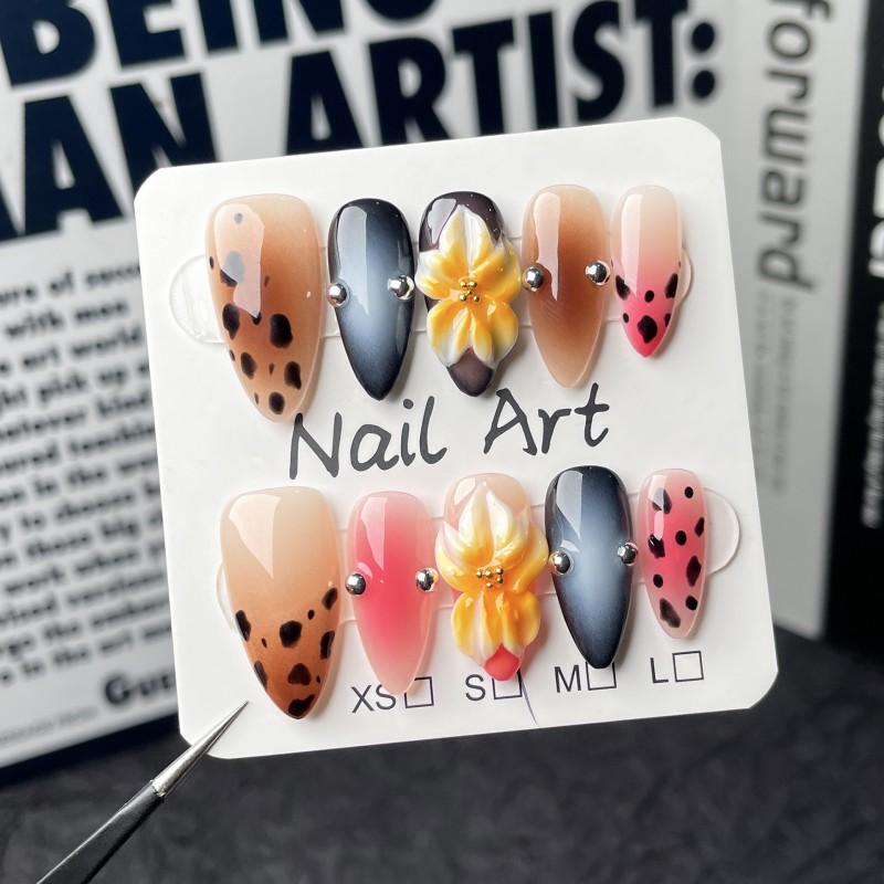 3D Embossed Leopard Print Press-On Nails Almond Shape Matte Pink Cheek Nail Art Women Extra Small