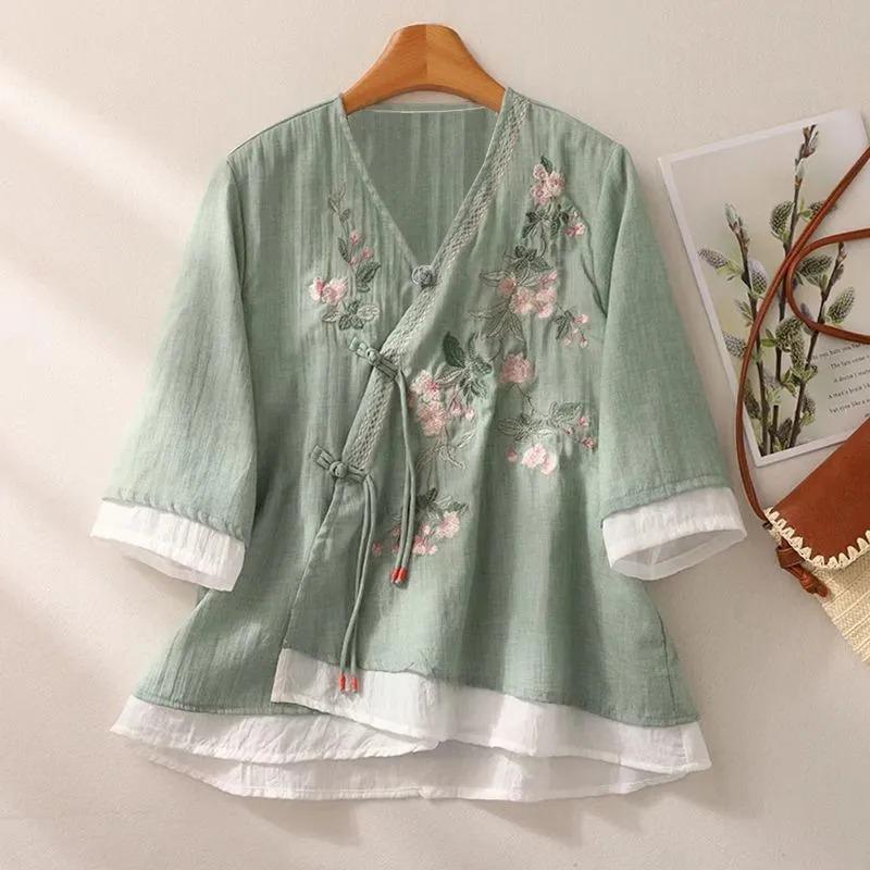 

Summer Chinese Style Literary Mid-sleeve Embroidered Slanted Cardigan Shirt for Women Chinese Style Retro Hanfu Splicing Pure Cotton Fake Two Pieces 2XL