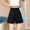 Women's High Waist A-Line Wide Leg Black Suit Shorts - Autumn 2024 Korean Style Plus Size Bermudas