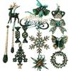 Assorted Holiday Ornament Set with Green and Gold Christmas Motifs, Integrated Ribbons, and Textured Finishes for Seasonal Indoor Arrangements