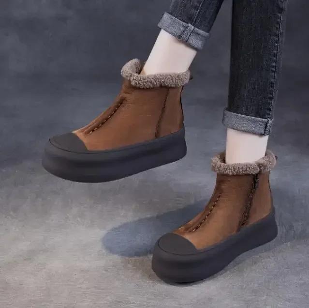 4CM Women Snow Boots Retro Thick Bottom Flat Platform Genuine Leather Zipper Winter Warm Ankle Boots For Women Cotton Shoes