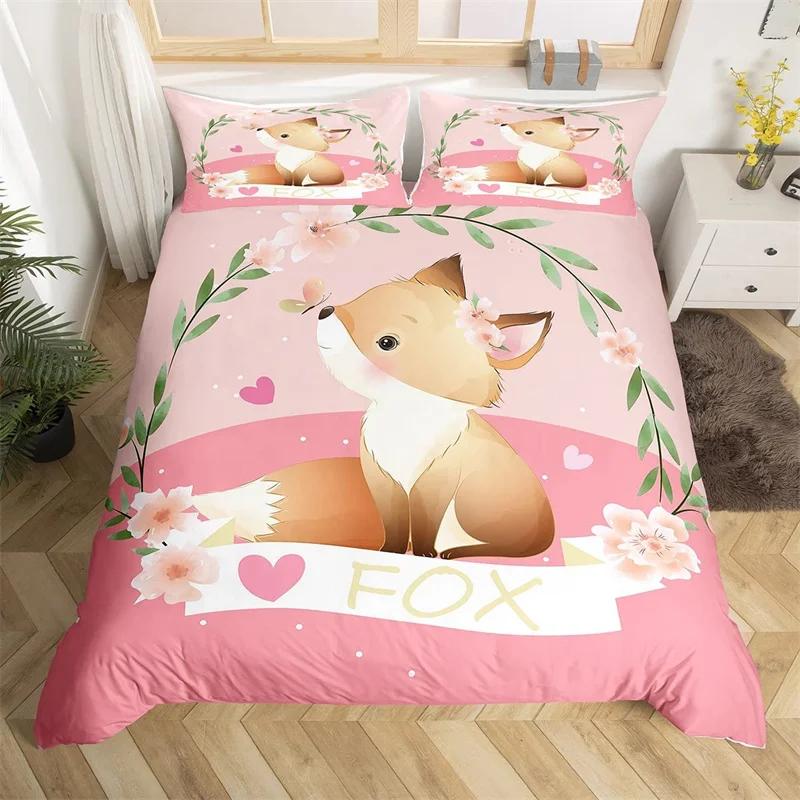 Mädchen Cartoon Fuchs Bettbezug Kawaii Tier Bettdeckenbezug Mikrofaser Waldtiere Bettwäscheset Einzeln Queen Für Kinder Erwachsene