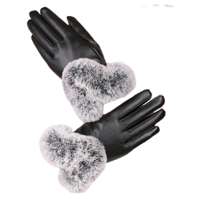 Winter women's thermal gloves leather velvet warm cold driving riding rabbit fur mouth winter touch screen leather gloves