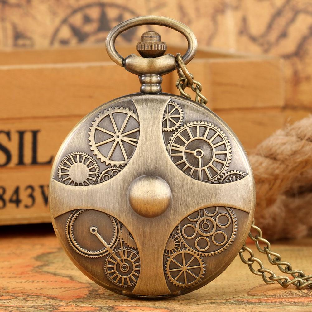 Punk Vintage Gearwheel Design Bronze Quartz Pocket Watch Arabic Numerals Dial Necklace Pendant Watch Retro Timepiece Gift Unisex