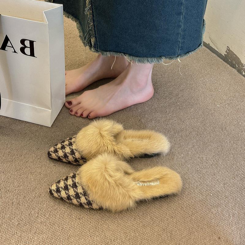 Pointed hair mop 2025 autumn and winter versatile fashion bag head half slippers women's new thousand bird grid outer wear flat bottom non-slip