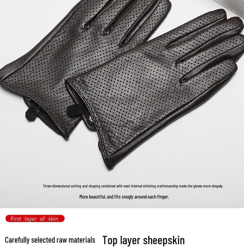 Men's Thin Genuine Leather Driving Gloves - Perforated Sheepskin, Touchscreen, Spring/Autumn.