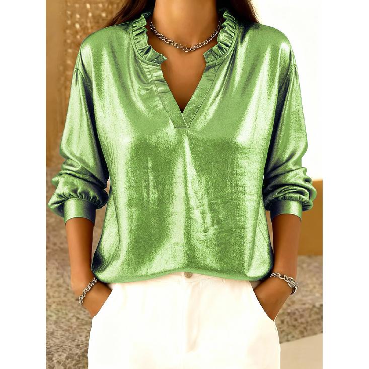 2026 New Women s Casual Ruffle Collar Loose Long Sleeve Solid Color Blouse S светло-зеленый