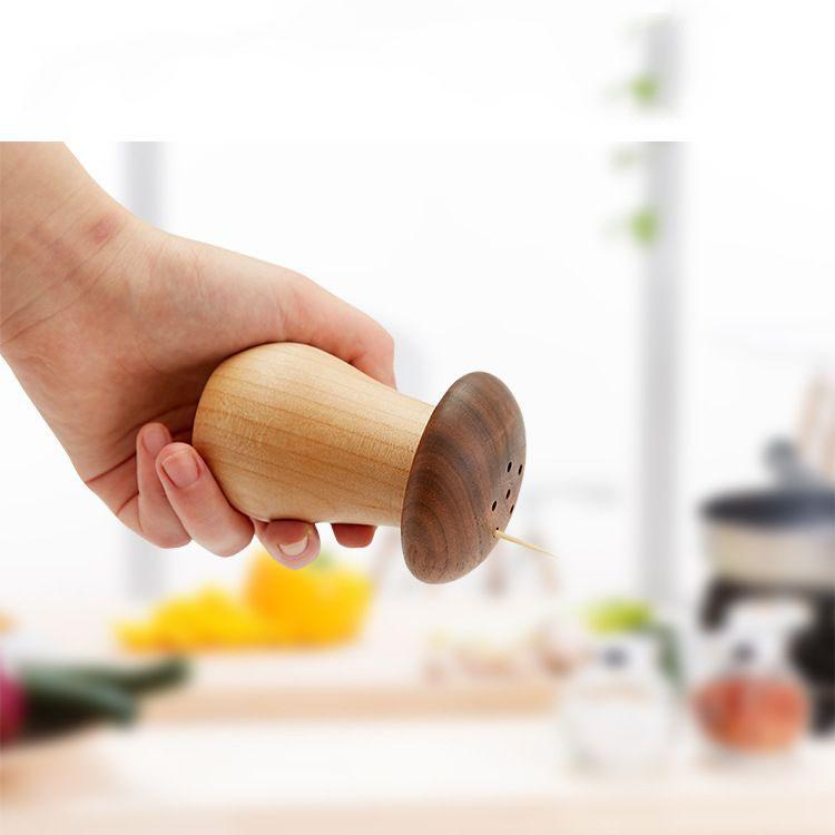 Kreatives und praktisches Zahnstocher-Röhrchen aus Massivholz, Haushalts-Zahnstocherbox, Doppelwandige Zahnstocherdose aus Schwarznuss- und Buchenholz, Niedliche Pilz-Zahnstocherdose