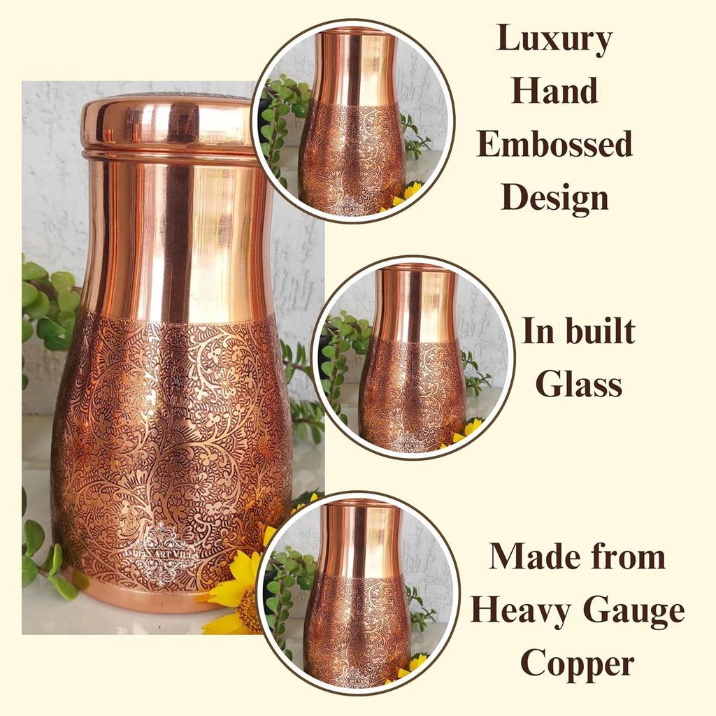 Pure Copper Embossed Design Bedroom Water Bottle with Inbuilt Glass, Bottle for Storage Purposes, Drinkware, 950 Ml- Set of 1