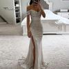 Třpytivé plisované šaty Elegantní výstřih do V Odhalená ramena Maxi Krátký rukáv Detail pasu Dlouhé Úzké Večerní párty Maturitní Ples Štíhlé Sexy Rozparek Jednobarevné Odhalená ramena