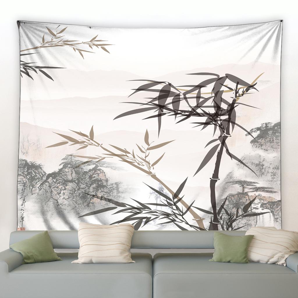 3D Chinese Ink Bamboo Tapestry Birds Red Flowers Mountain Water Natural Landscape Tapestries Dorm Living Room Wall Hanging Black