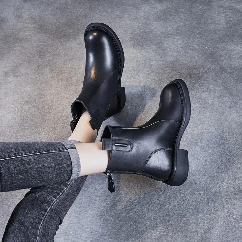 Fashion Autumn and Winter Genuine Leather Chelsea Boots for Women's 2025 New British Short Boots Women Brown Mid pipe Smoke Pipe Boots
