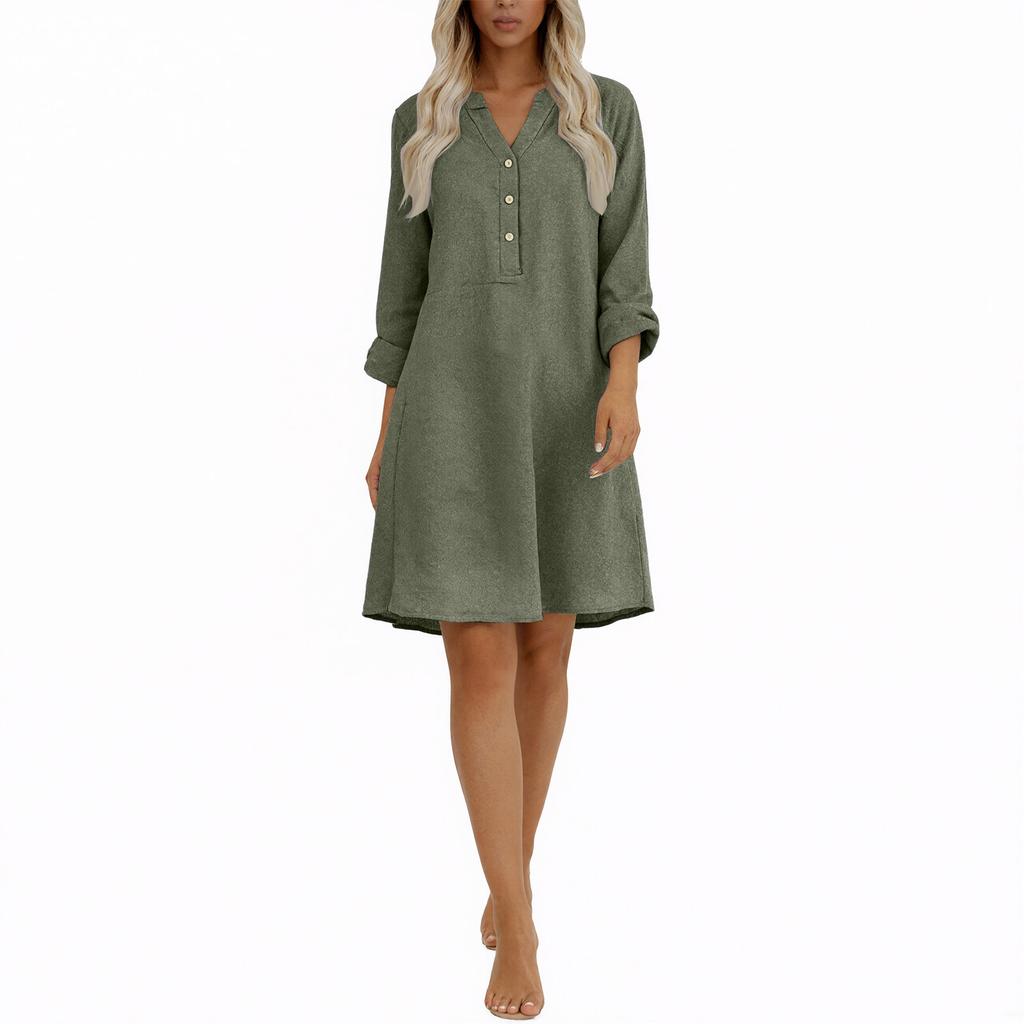 Women Loose Fit Stand Collar Button Down Linen Cotton Dress Long Sleeve Casual Tunic Shirt Dress with Pockets for Everyday Wear