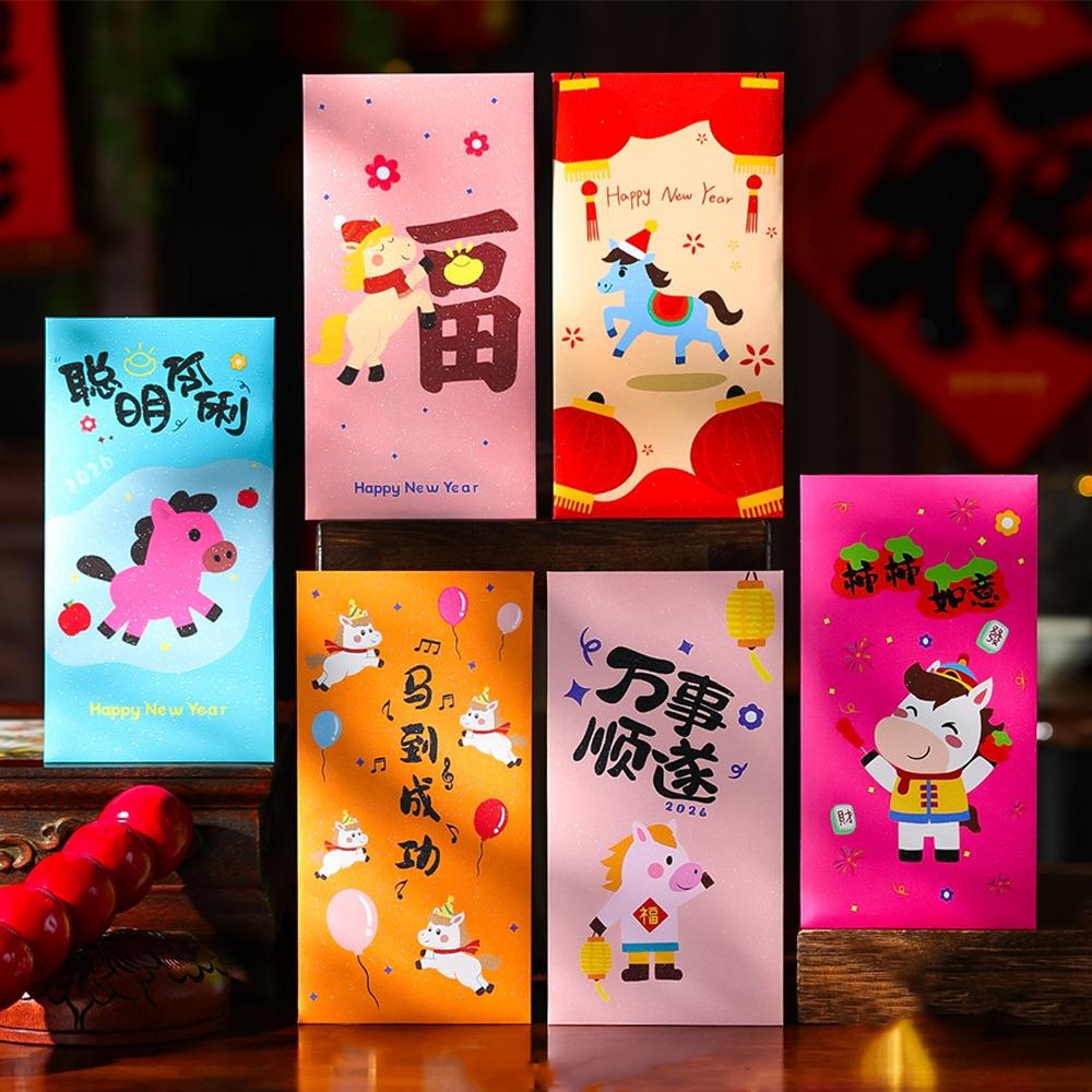 6pcs Chinese Style New Year Red Envelope Cartoon Red Pockets Lucky Money Bag  Celebration Event