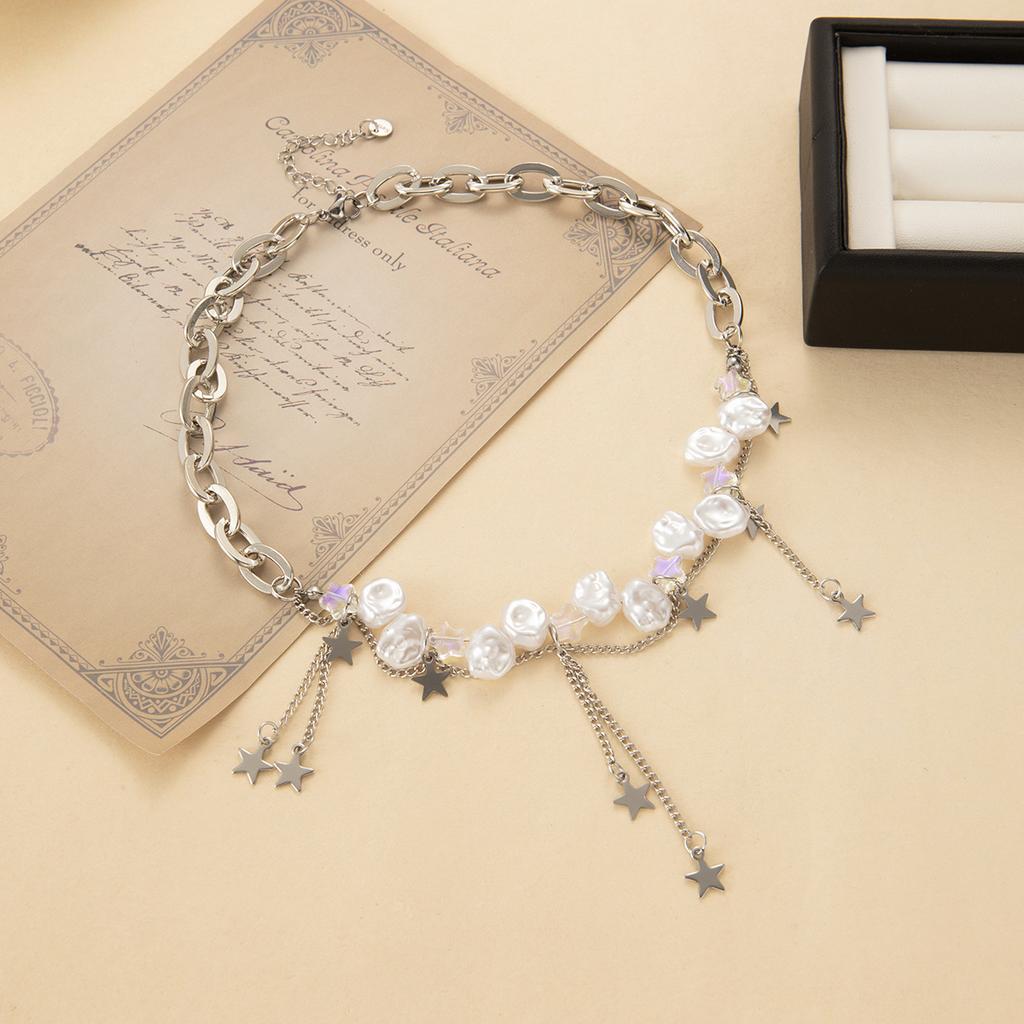 Irregular Pearl Star Fringe Necklace High-End Sense Collarbone Chain Japanese And Korean Niche Design Sweet And Cool Style Jewelry Women