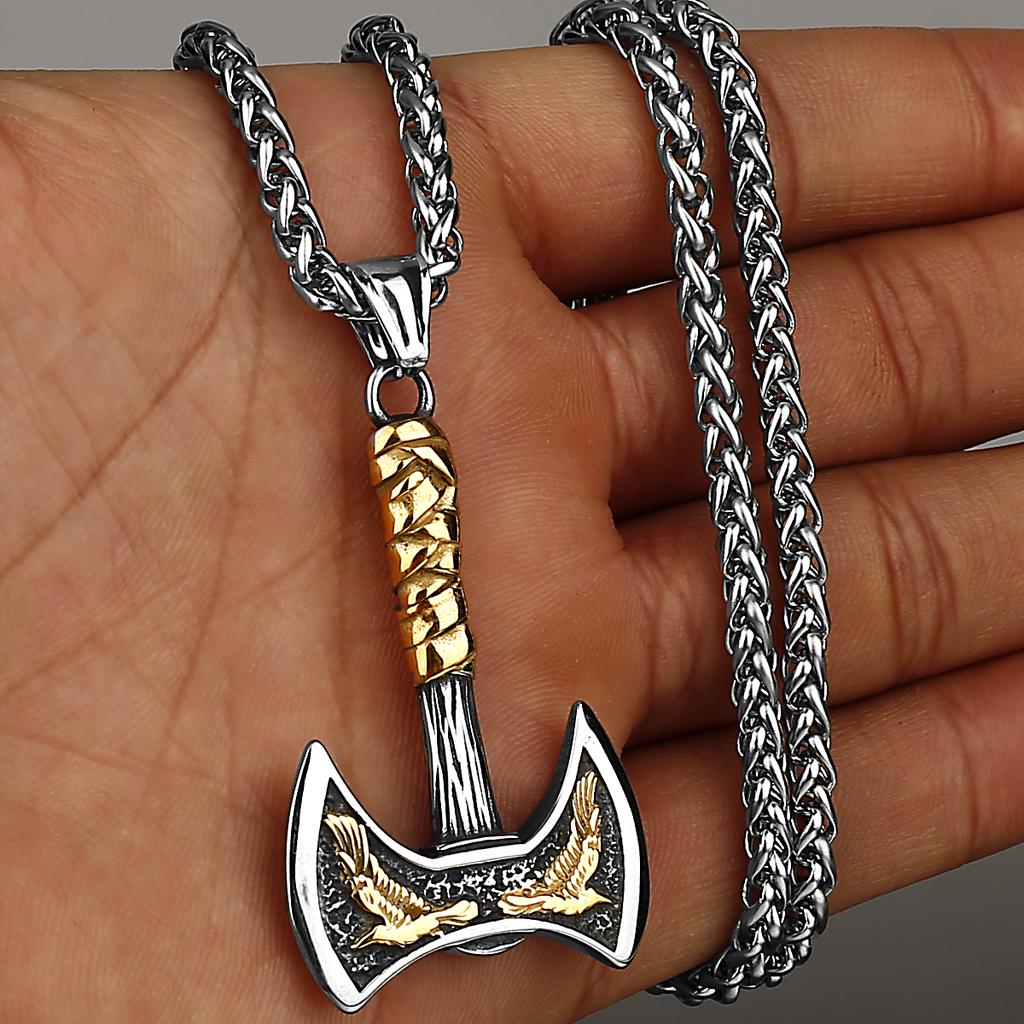 Viking Odin Raven Huginn and Muninn Double Axe Titanium Steel Stainless Steel Necklace Pendant Men's Scandinavian Jewelry Gift