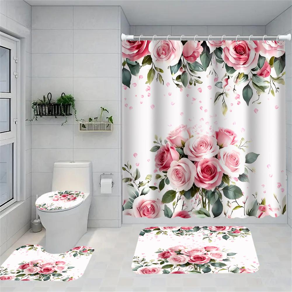 4 Piece Bathroom Decor Set With 70.8 Inch Shower Curtain Rug And Toilet Lid Cover