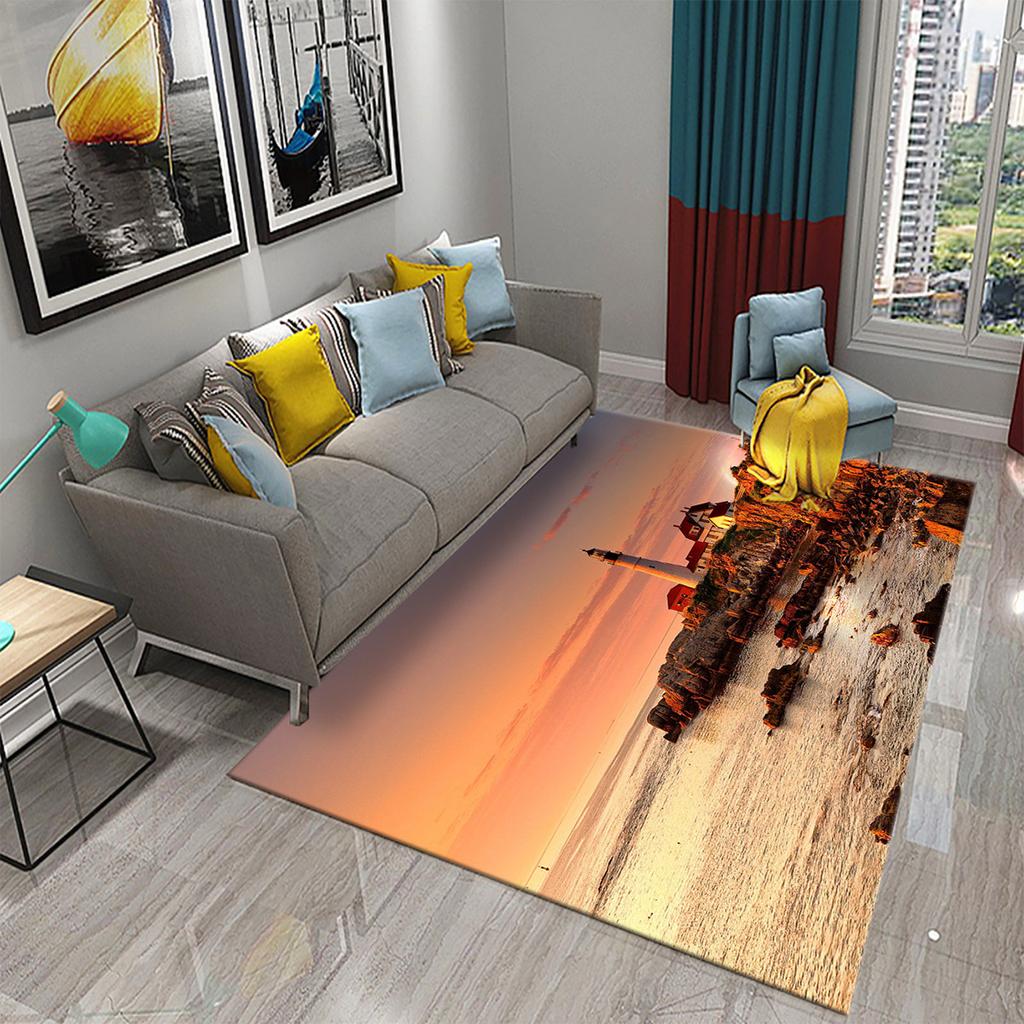 Bathroom Kitchen Entrance Non-slip Living Room Bedroom Floor Rug Lighthouse Rug Sunset Beach Theme Rug