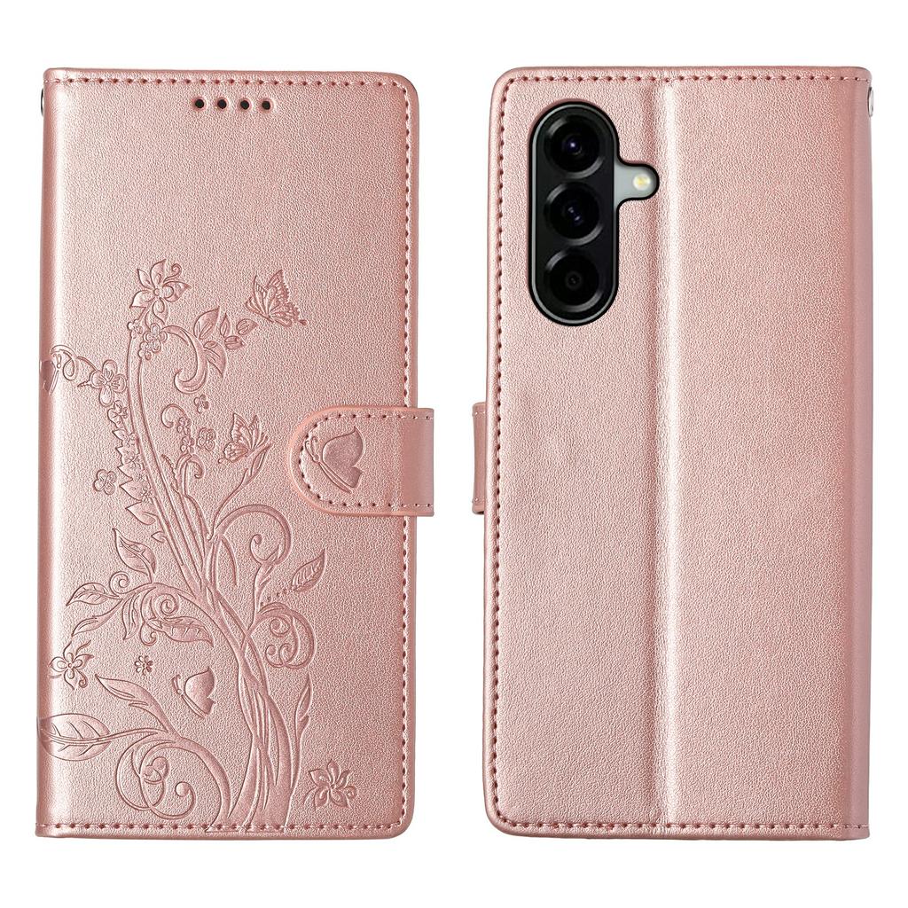 For Samsung Galaxy A36 5G Wallet Case Butterfly Floral Imprint PU Leather Phone Cover with Wrist Strap