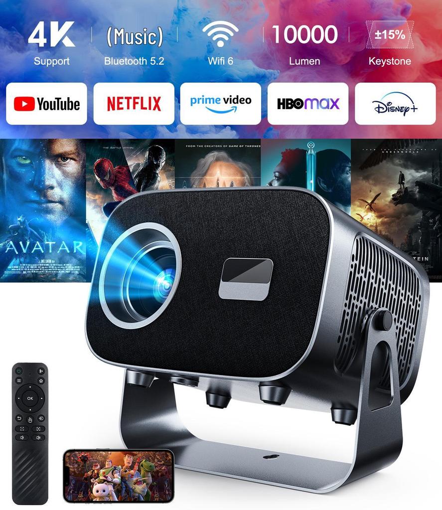 V10 Autofocus 4K Android WIFI Projector with HY300 Gimbal for Home Theater