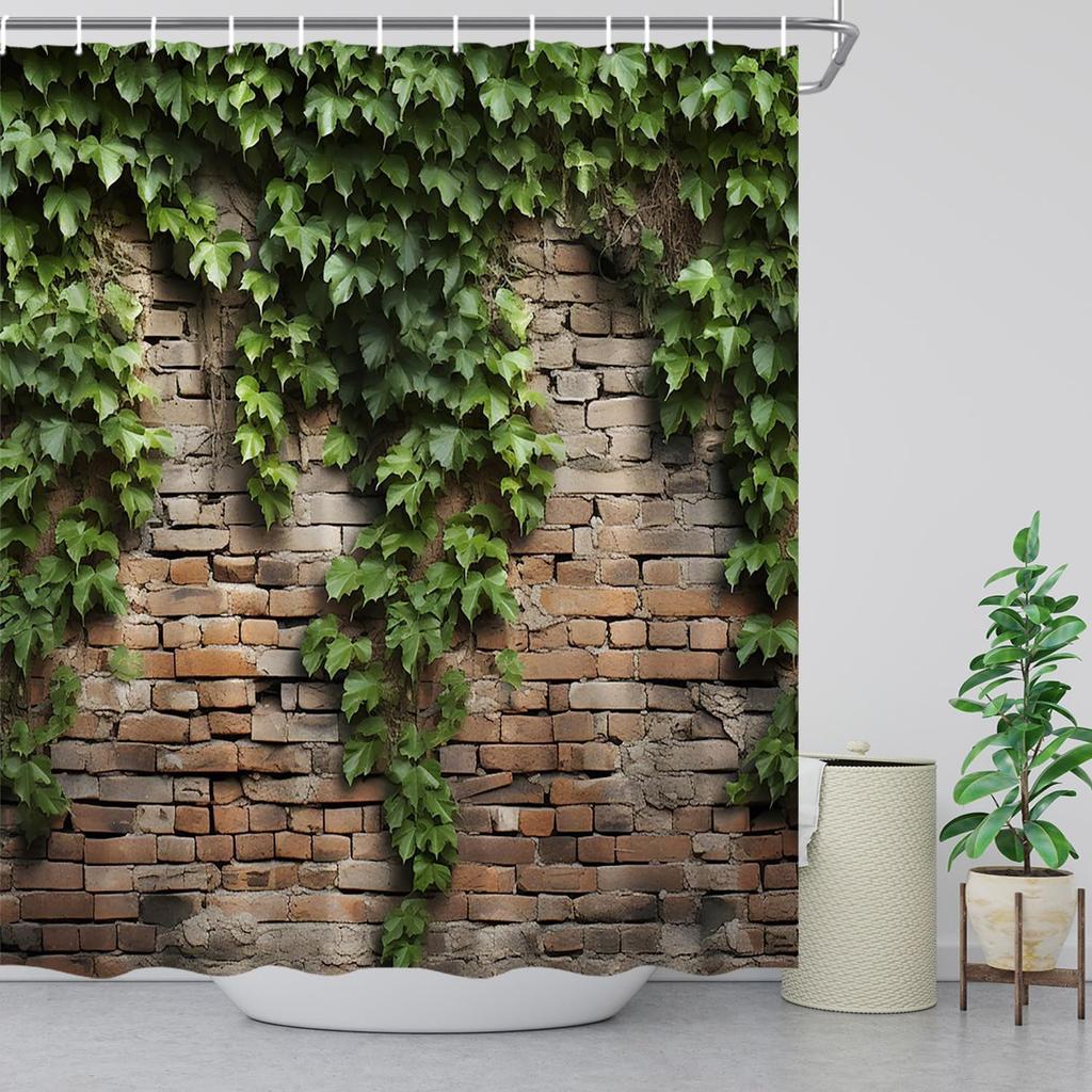Green Leaves Shower Curtain Brick Wall Garden Landscape Nature Plant Rustic Country Red Brown Stone Wall Creative Bathroom Decor