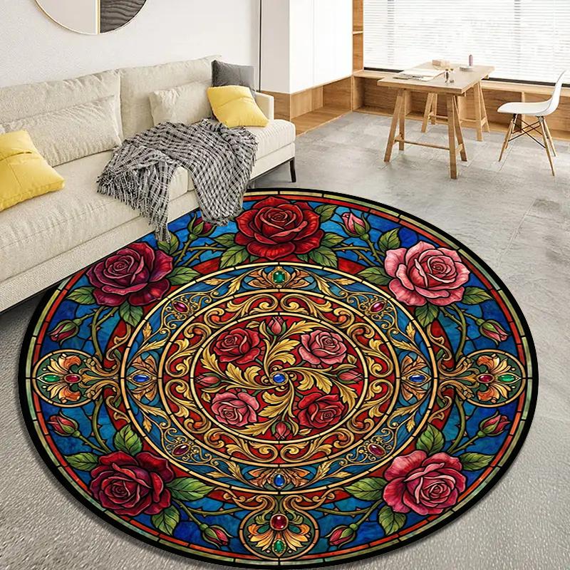 Vintage Rose Runder Teppich, Teppich für Wohnzimmer Schlafzimmer Sofa Spielzimmer Dekor, Rutschfeste Bodenmatte109