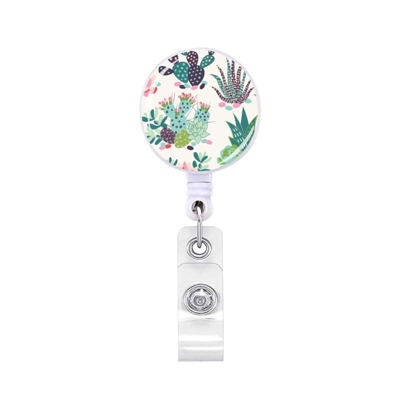 Flower Print Badge Holder Retractable Badge Holder Rotating ABS Badge Holder with Metal Clip for Nurse Doctor Student