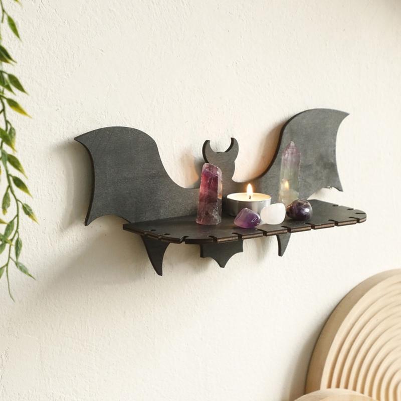 Creative Bat Shape Wood Floating Shelf Jewelry Crystal Display Wall Shelves for Halloween Bedroom Living Room Decoration