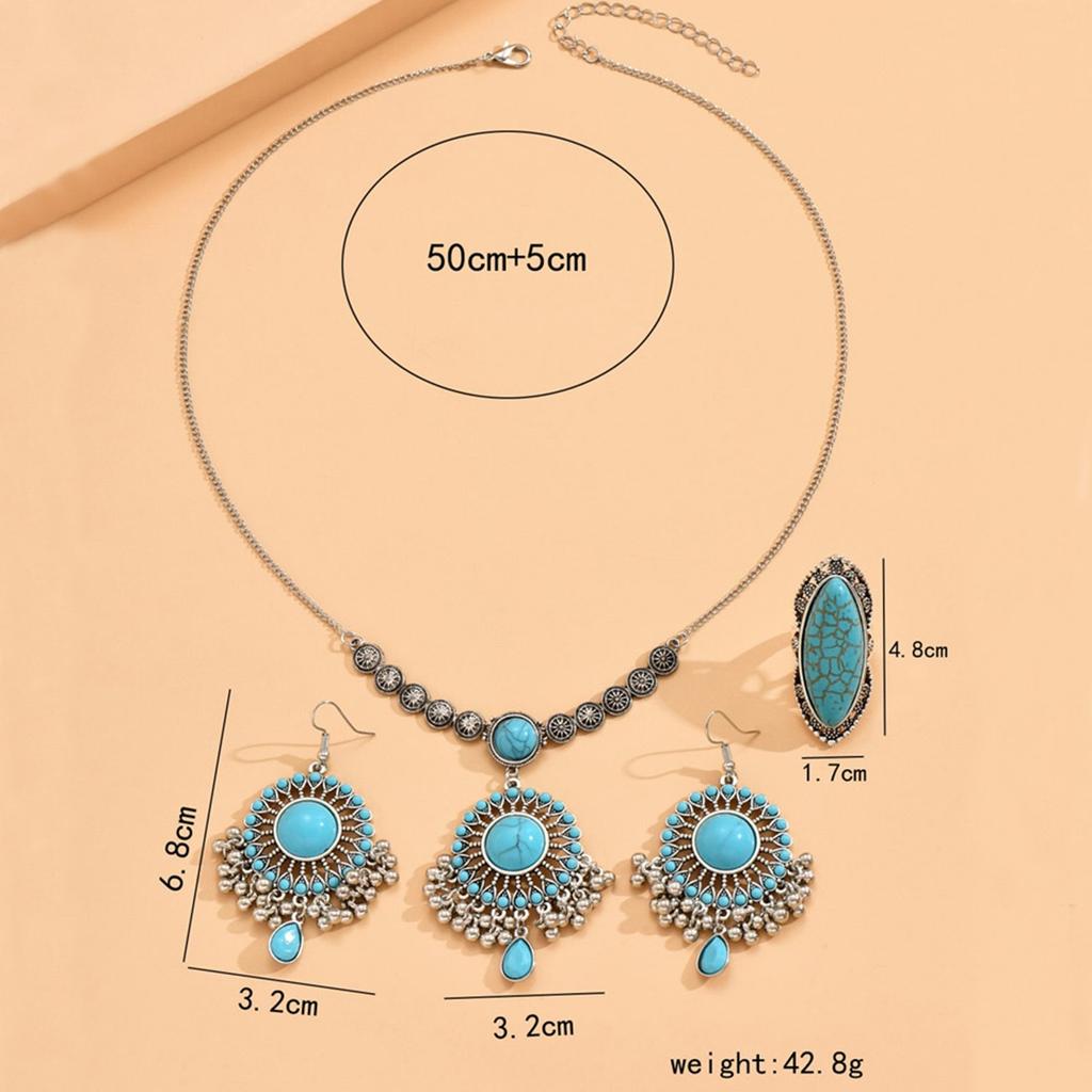 New Vintage Indian Style  For Woman Turquoise Stone  Sets Necklace Earrings Ring Set For Bridal Wedding Party Gift