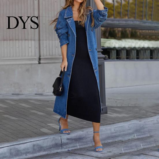 Lässige Jeansjacke Damen Zweireihig mit Seitentaschen Schnürung Taille Mittellang Stil Windjacke Länge Einfarbig Umlegekragen Überzieher