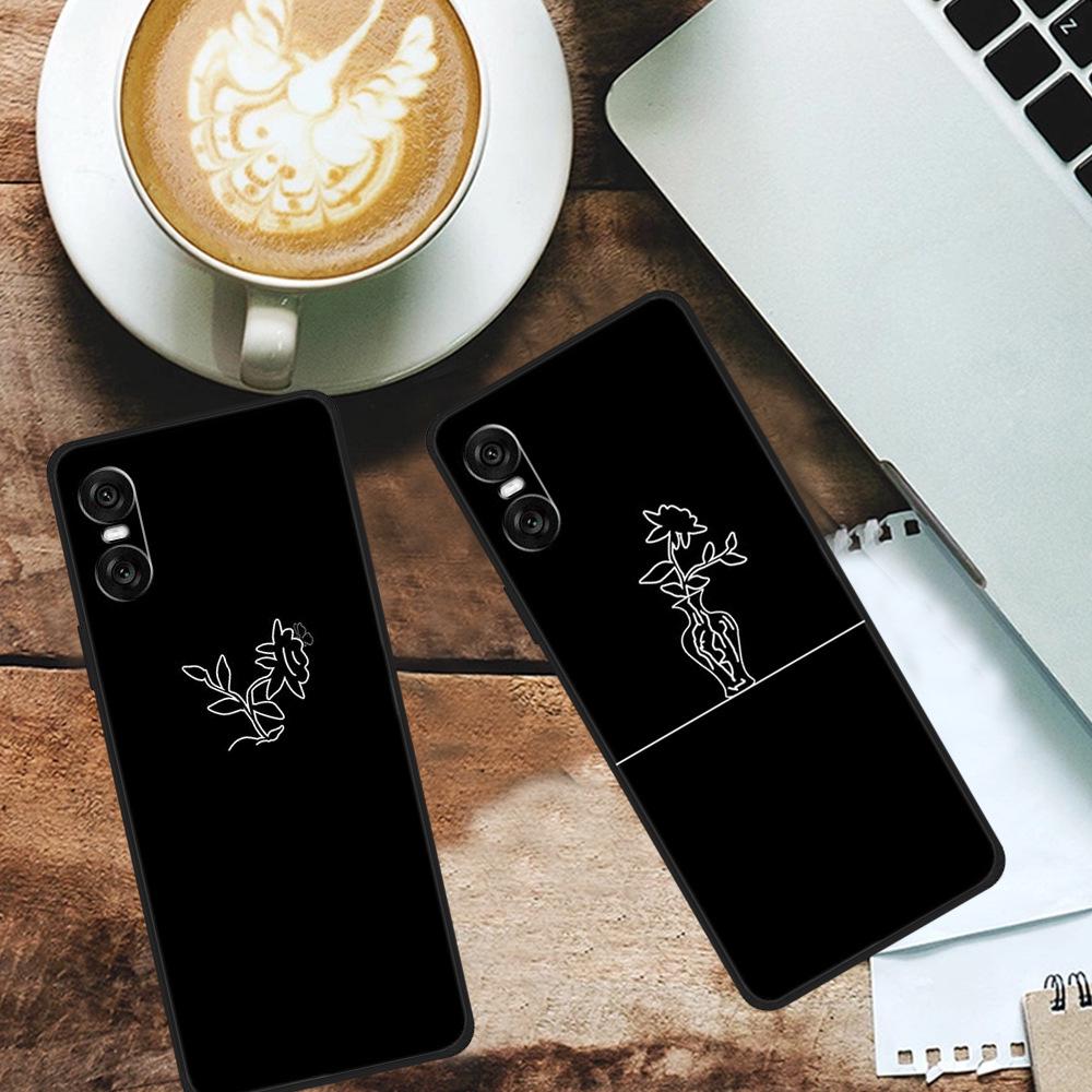 Compatible Sony 10 VI 2024 Phone Case - Black TPU with Hollow Simple Lines Design