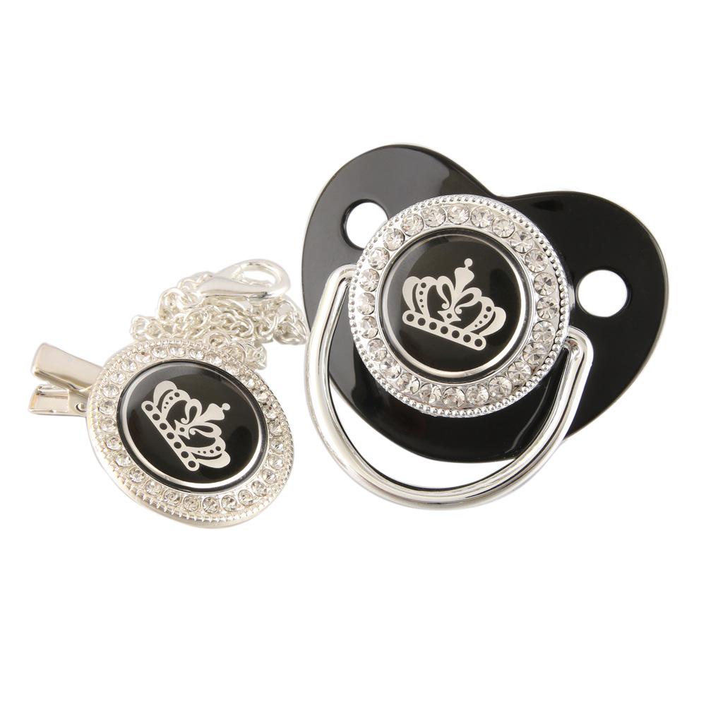 High-End Gold Diamond Baby Pacifier with Cartoon Crown and Chain Clip