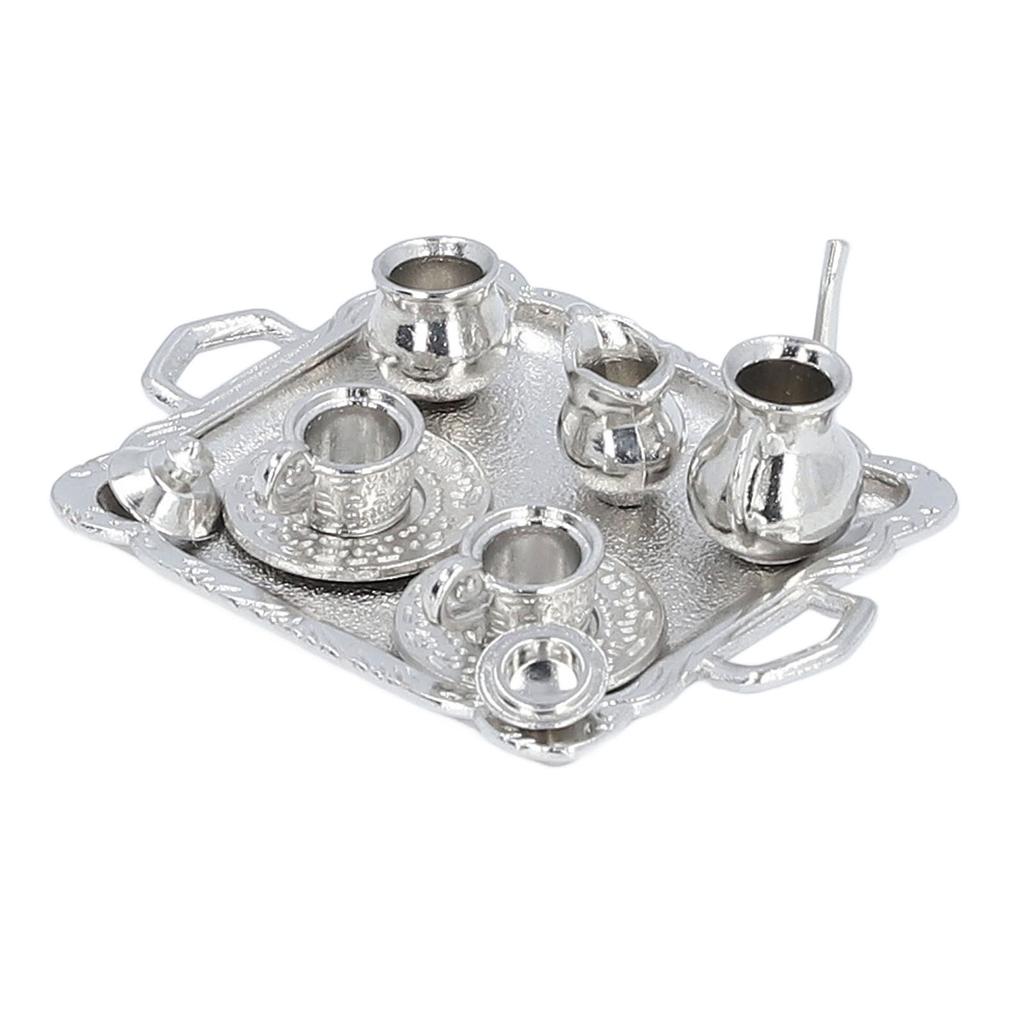 Miniature Tea Set Lifelike Alloy Dollhouse Tea Set Interactive Miniature Teapot Cup Plate Educational Dollhouse Kitchen